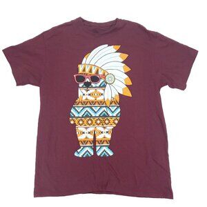 2 Monkeys T-shirt Mens Large Red Burgundy Aztec Indian Feathers Big Graphic